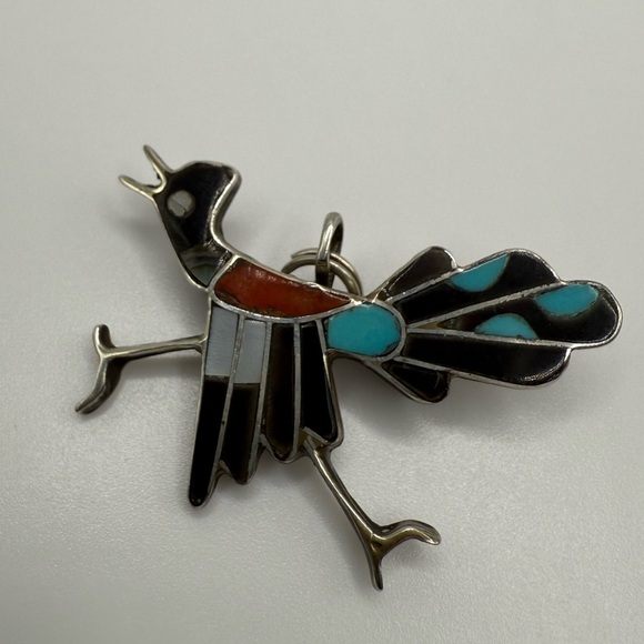 ZUNI pin pendant Sterling Mosaic Road Runner signed C. Dishta OLD vtg. SS - Picture 2 of 4